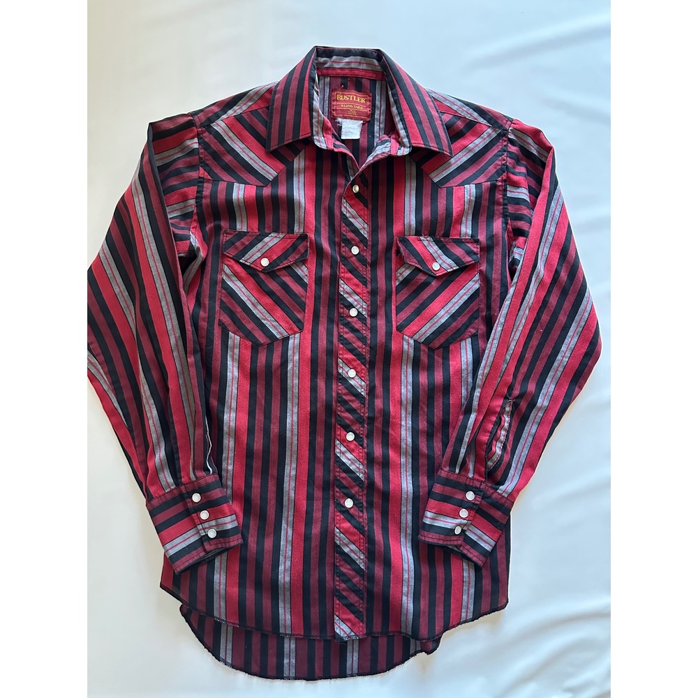 Rustler Men's Red Black Stripe Western Pearl Snap‎ Long Sleeve Shirt 14.5 32/33
